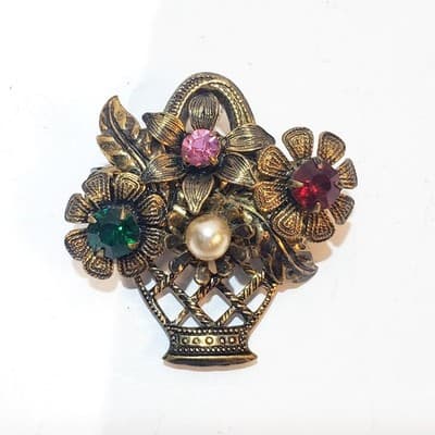 Vintage Brass Tone and Rhinestone Faux Pearl Floral Basket Brooch Pin 1.25 inch