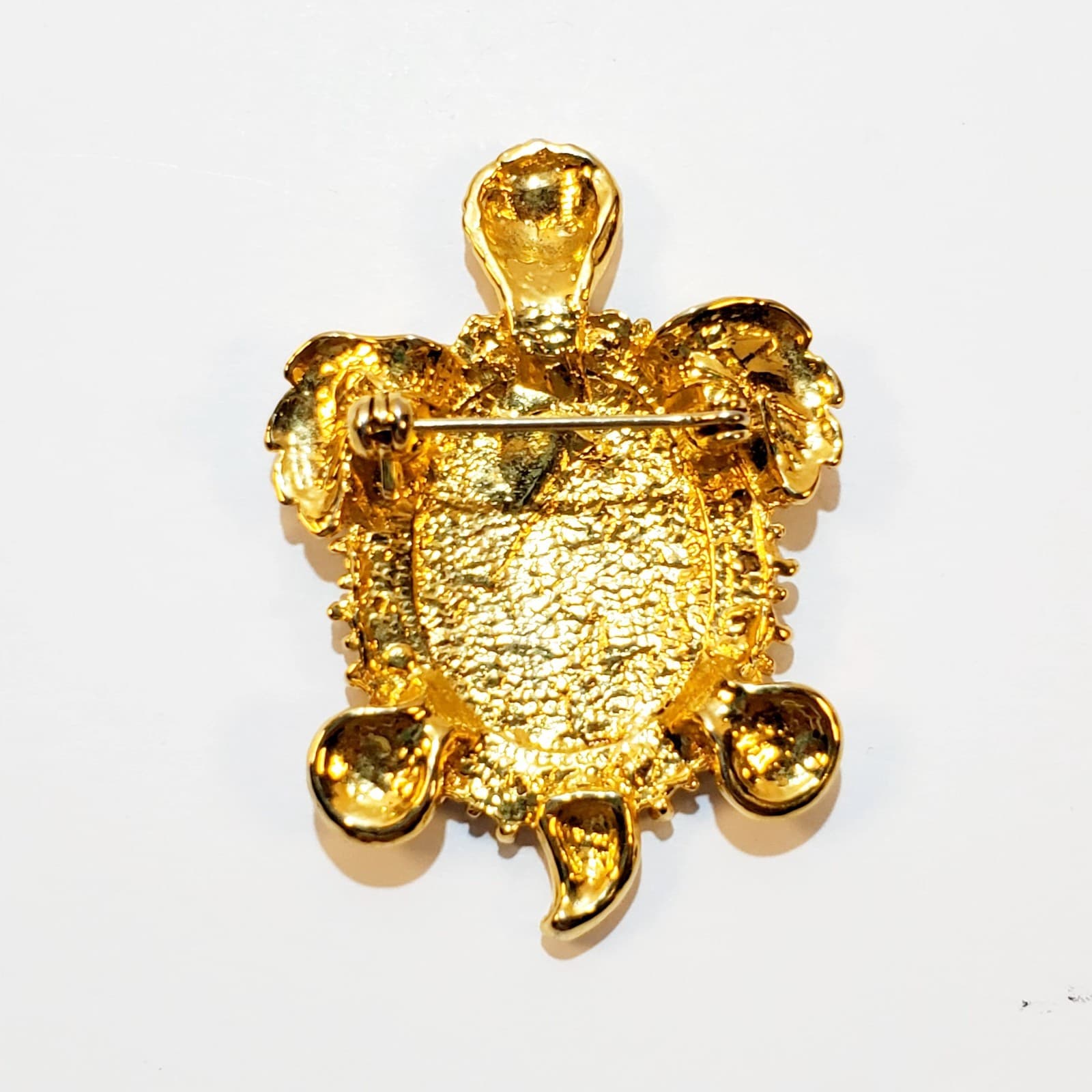 Vintage Gold Tone Clear Rhinestones Black Flat Enamel Turtle Tortoise Brooch Pin - Thumbnail 2