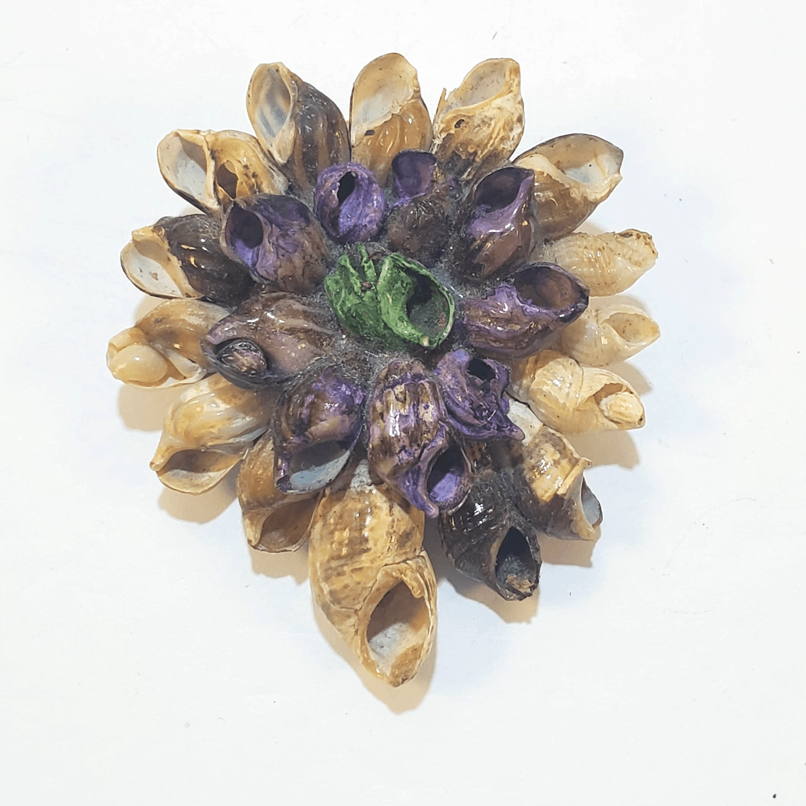 Vintage Artisan Handcrafted Seashell Flower Bouquet Purple Floral Brooch Pin
