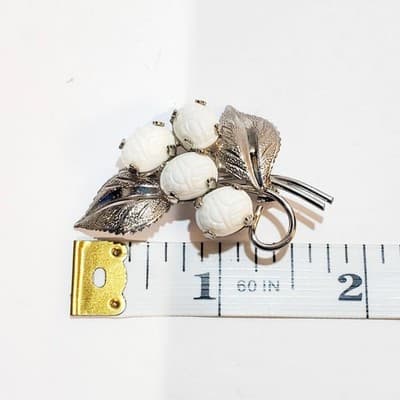 Vintage Silver Tone Floral Spray with White Carved Scarab Cabochons Brooch Pin - Thumbnail 4