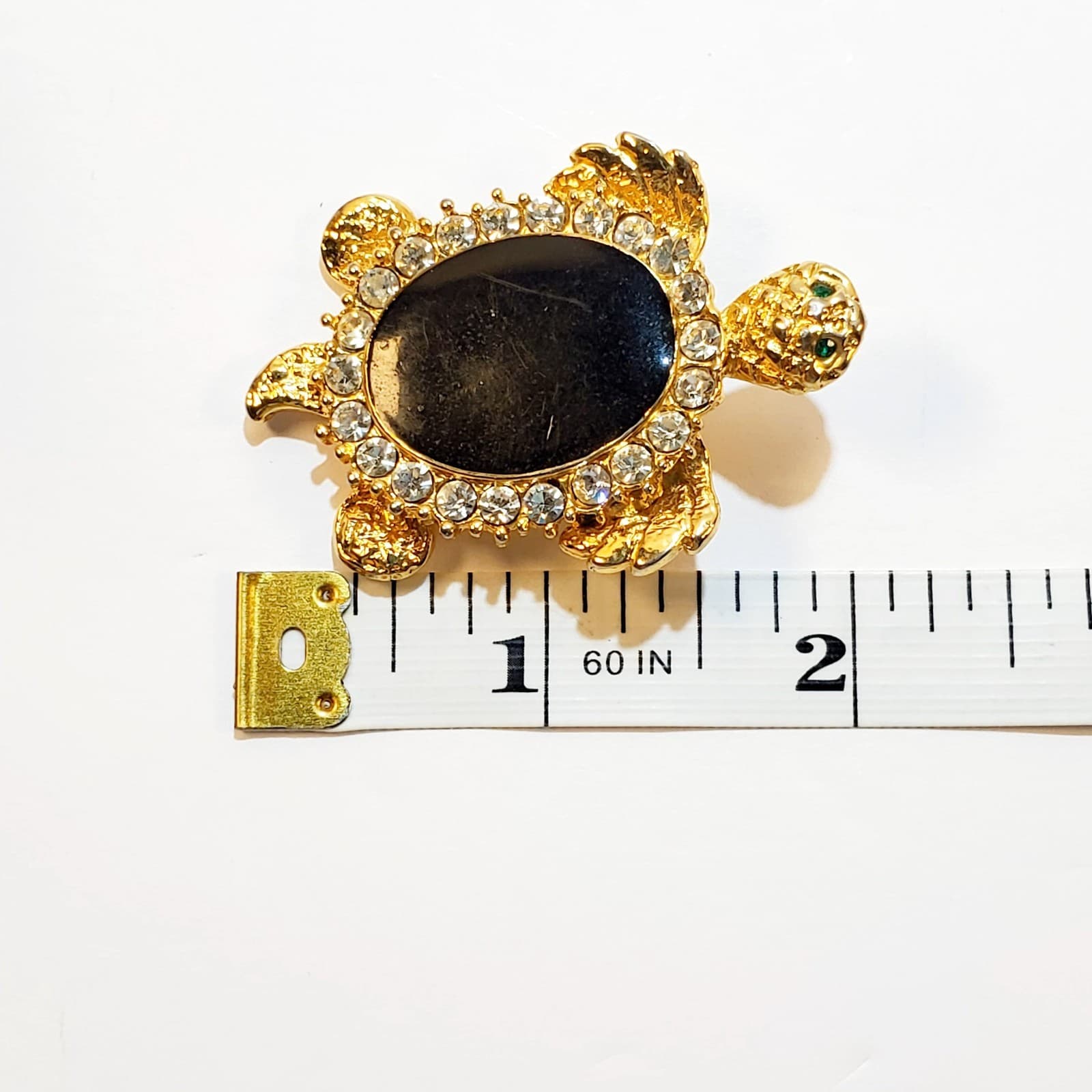 Vintage Gold Tone Clear Rhinestones Black Flat Enamel Turtle Tortoise Brooch Pin - Thumbnail 3