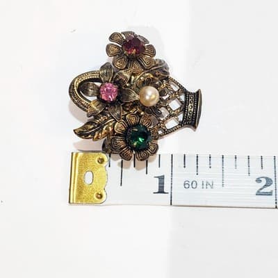 Vintage Brass Tone and Rhinestone Faux Pearl Floral Basket Brooch Pin 1.25 inch - Thumbnail 3