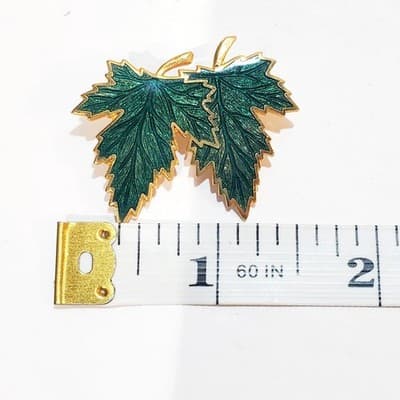Gold Tone and Green Enamel Double Maple Leaf Brooch Pin 1.5 Inch - Thumbnail 2