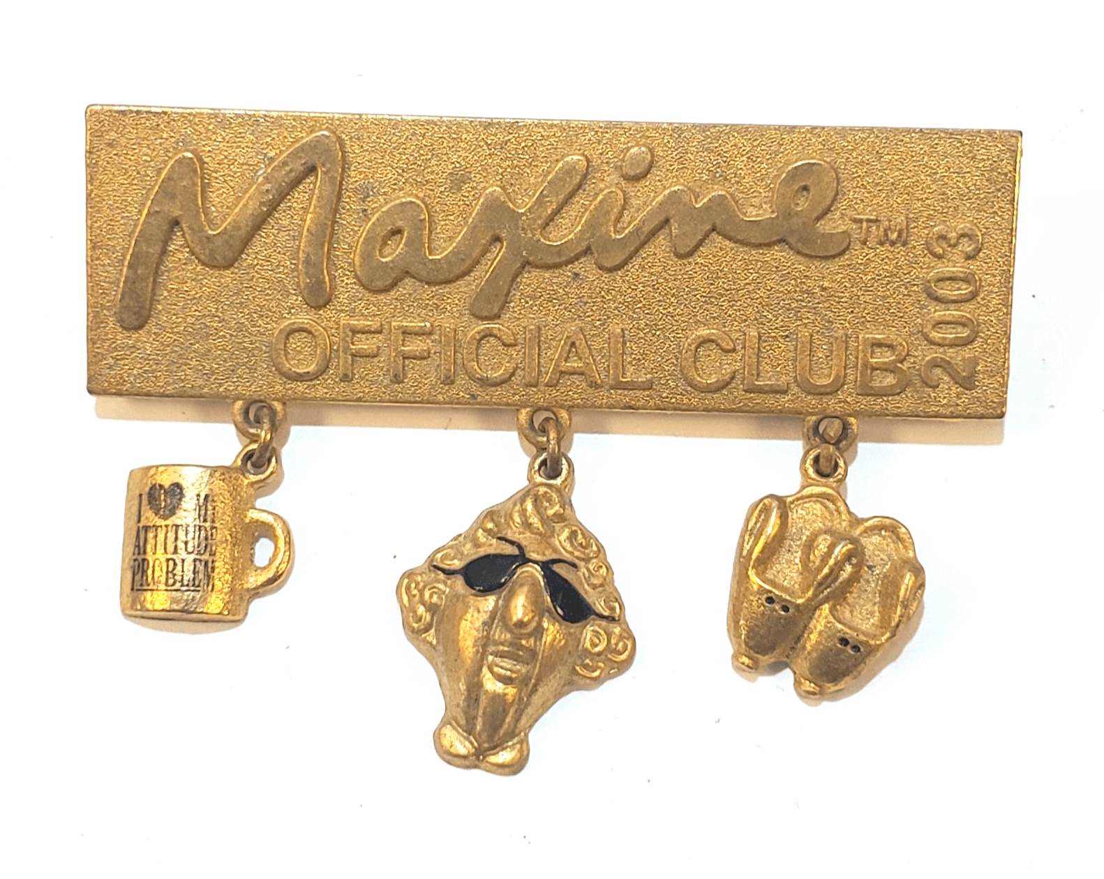 Vtg Signed J Wagner 2003 Gold Tone Metal Maxine Official Club Dangle Brooch Pin