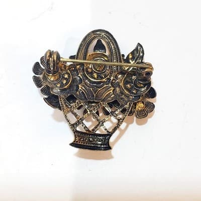 Vintage Brass Tone and Rhinestone Faux Pearl Floral Basket Brooch Pin 1.25 inch - Thumbnail 2