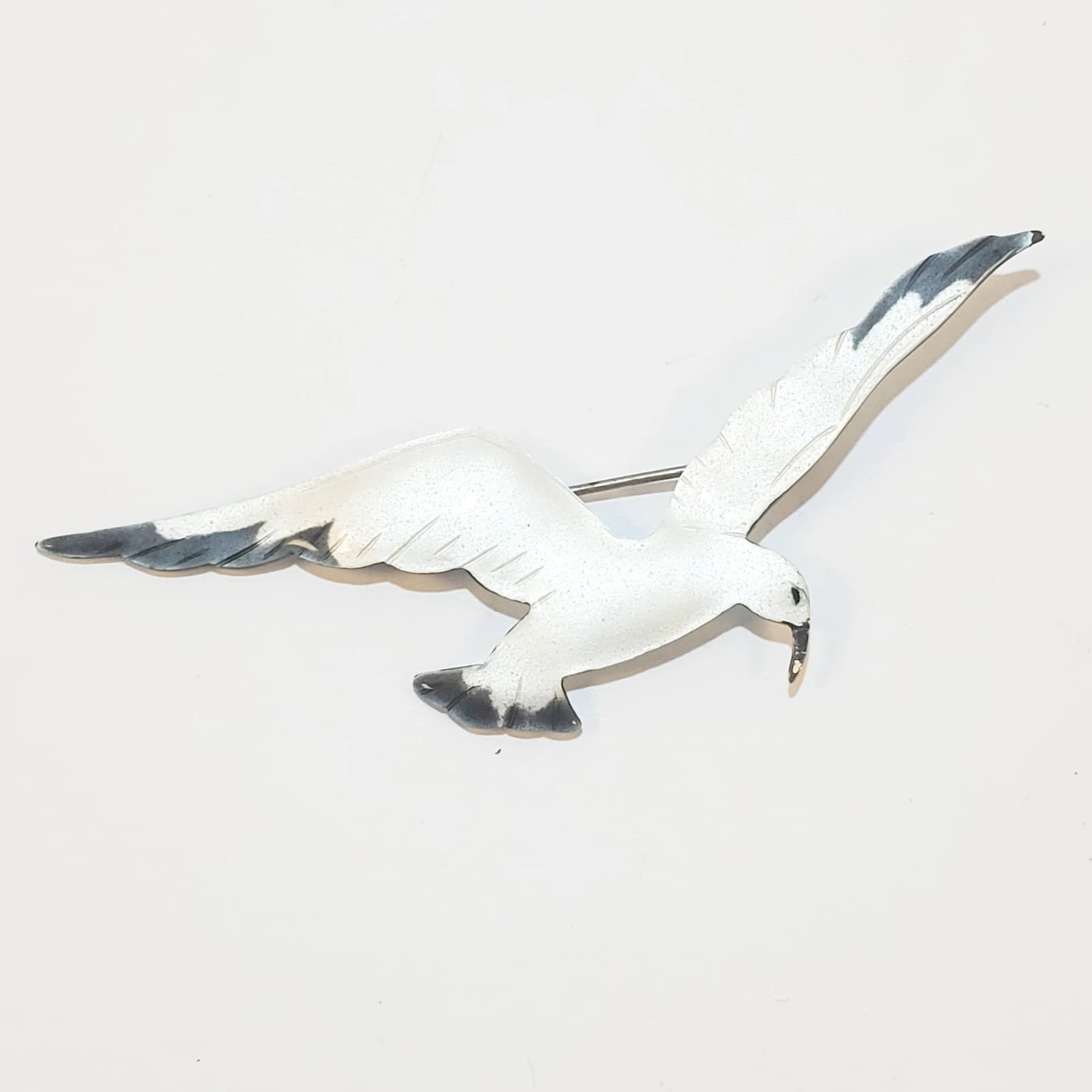 Vintage White Black Enamel Metal Flying Seagull Brooch Pin Nautical Seaside