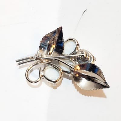Vintage Silver Tone Floral Spray with White Carved Scarab Cabochons Brooch Pin - Thumbnail 3