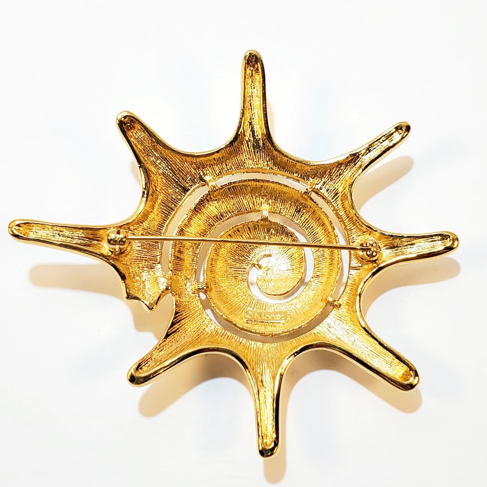 Vintage Signed Monet Gold Tone Large Metal Solar Blazing Sun Brooch Pin - Thumbnail 4