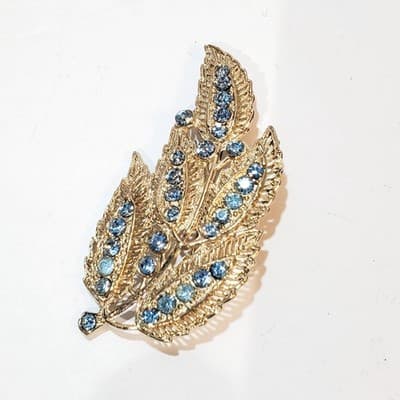 Vintage Gold Tone Filagree Open Work Blue Rhinestones Leaf Brooch Pin 2.5 Inch