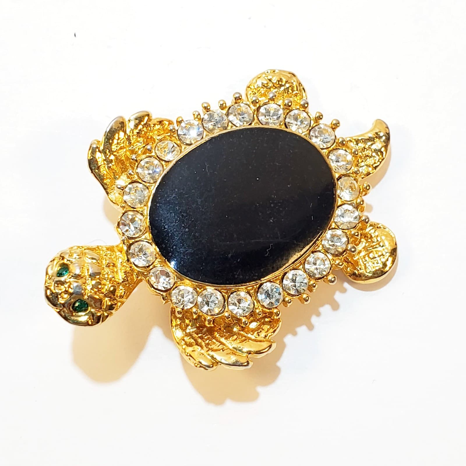 Vintage Gold Tone Clear Rhinestones Black Flat Enamel Turtle Tortoise Brooch Pin