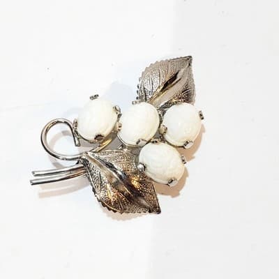 Vintage Silver Tone Floral Spray with White Carved Scarab Cabochons Brooch Pin