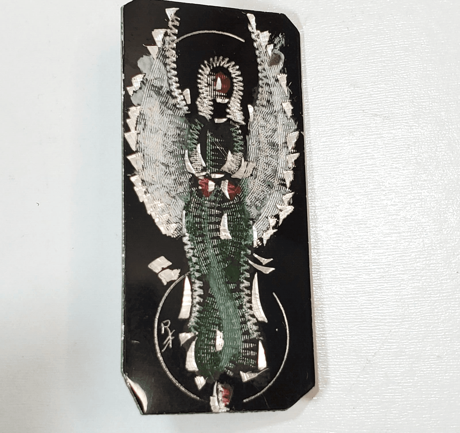 Vintage Etched Thin Anodized Metal Painted Angel Brooch Pin Silver Tone