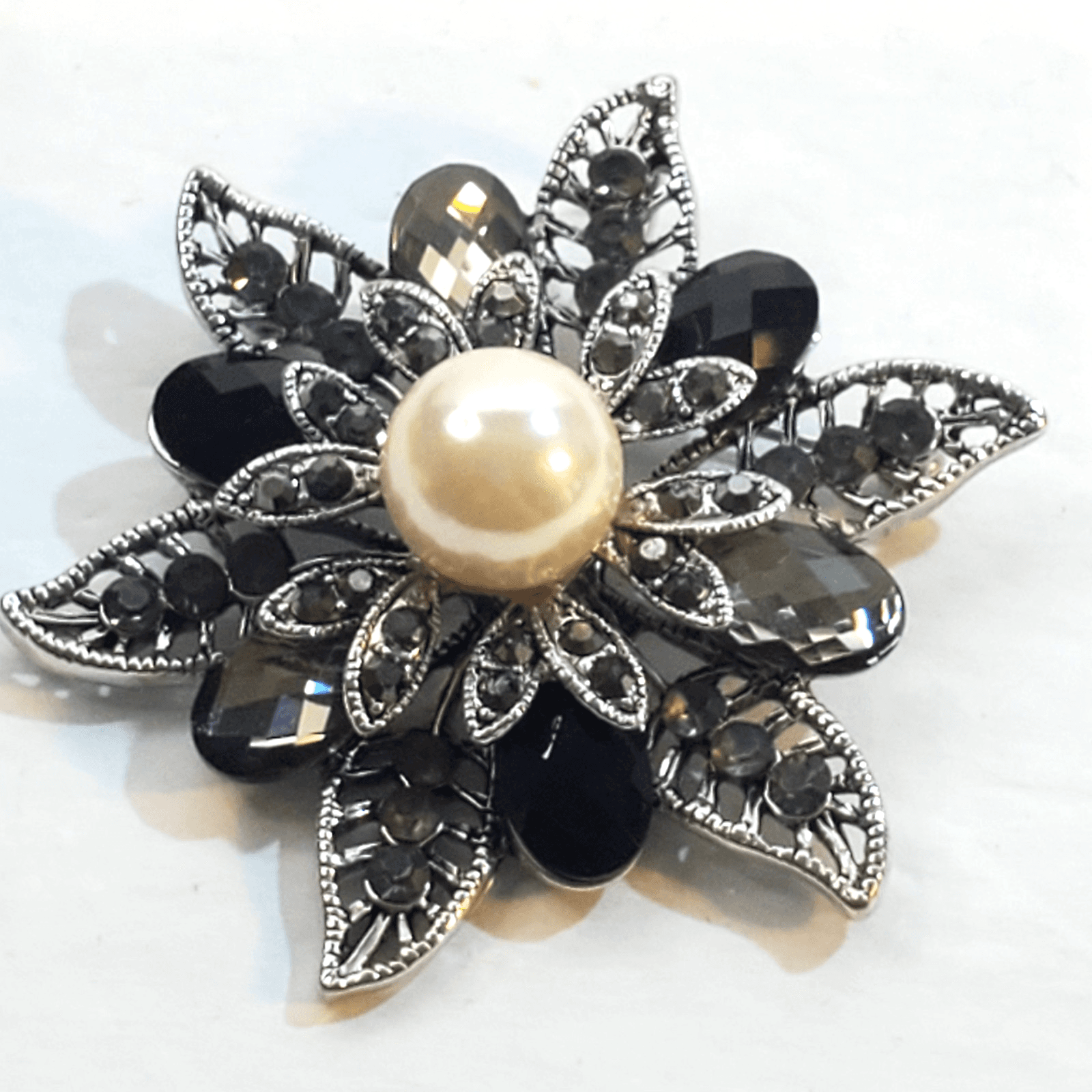 Vintage Silver Tone Faux Pearl Center Black Faceted Rhinestone Flower Brooch Pin