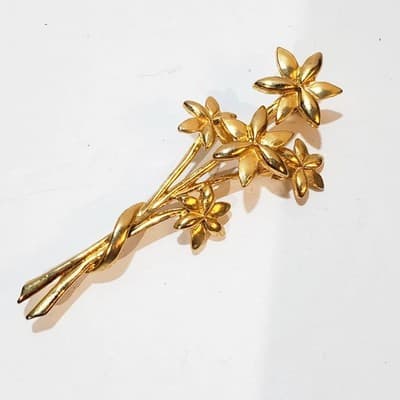 Vintage Gold Tone Smooth Metal Floral Bouquet Brooch Pin 2.75 Inch
