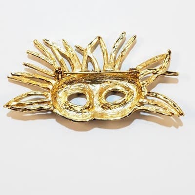 Masquerade Mardi Gras Mask Purple Green Yellow Enamel Rhinestones Brooch Pin - Thumbnail 2