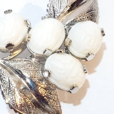 Vintage Silver Tone Floral Spray with White Carved Scarab Cabochons Brooch Pin - Thumbnail 2