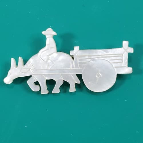Vintage Donkey and Cart Carved Layered Mother of Pearl MOP Brooch Pin