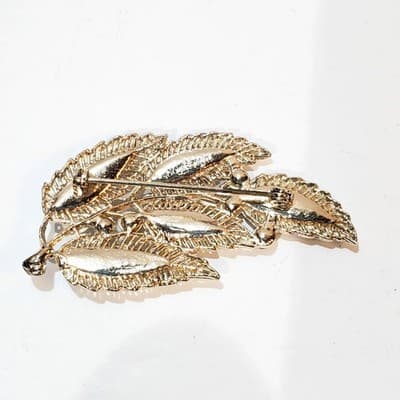 Vintage Gold Tone Filagree Open Work Blue Rhinestones Leaf Brooch Pin 2.5 Inch - Thumbnail 3