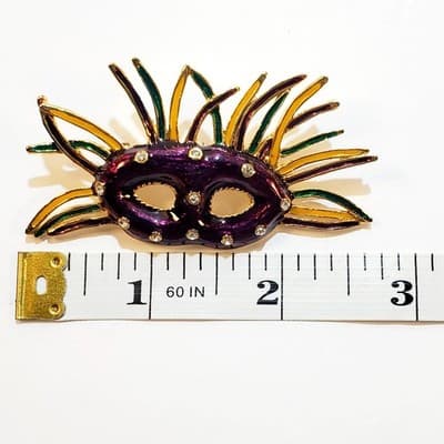 Masquerade Mardi Gras Mask Purple Green Yellow Enamel Rhinestones Brooch Pin - Thumbnail 3