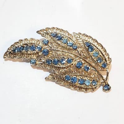 Vintage Gold Tone Filagree Open Work Blue Rhinestones Leaf Brooch Pin 2.5 Inch - Thumbnail 2