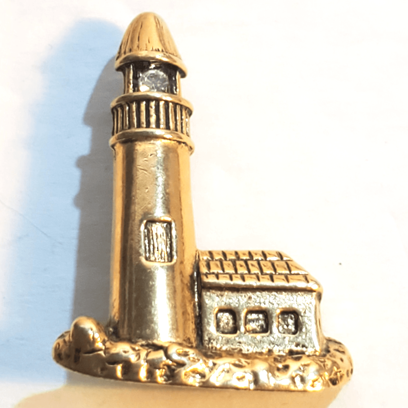 Vintage Camco Gold Tone Clear Rhinestone Lighthouse Nautical Brooch Pin Seaside