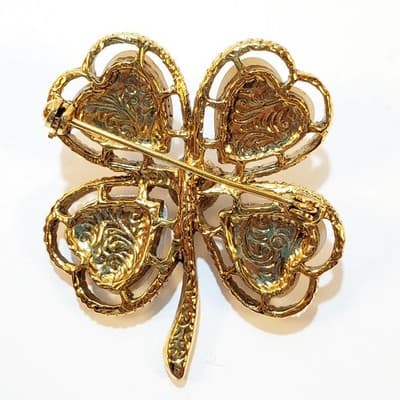 Vintage Gold Tone Faux Pearl Hearts Four Leaf Clover Brooch Pin Shamrock - Thumbnail 2