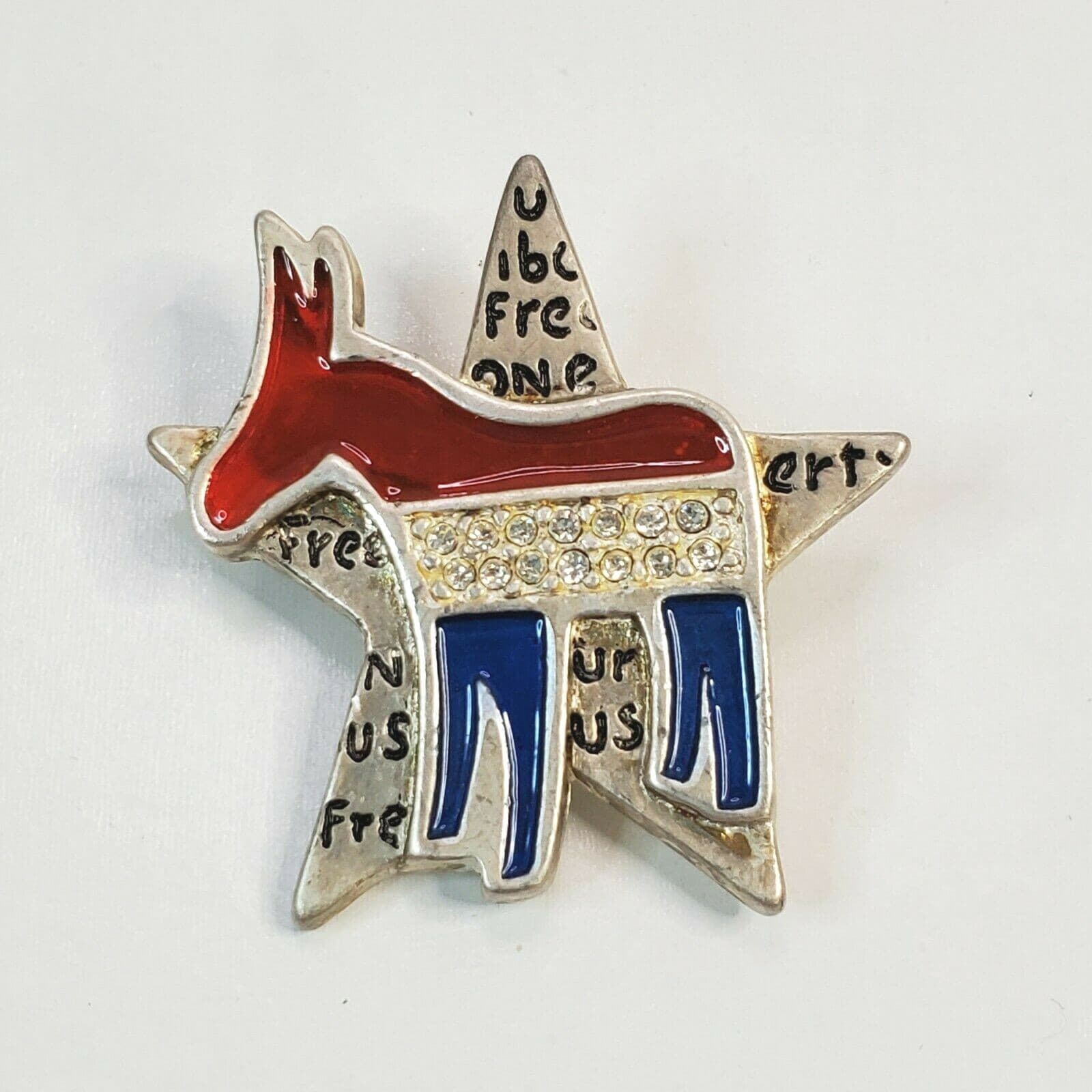 Vtg AMC Patriotic Democrat Party Donkey Silver tone Enamel w/ Rhinestones Pin