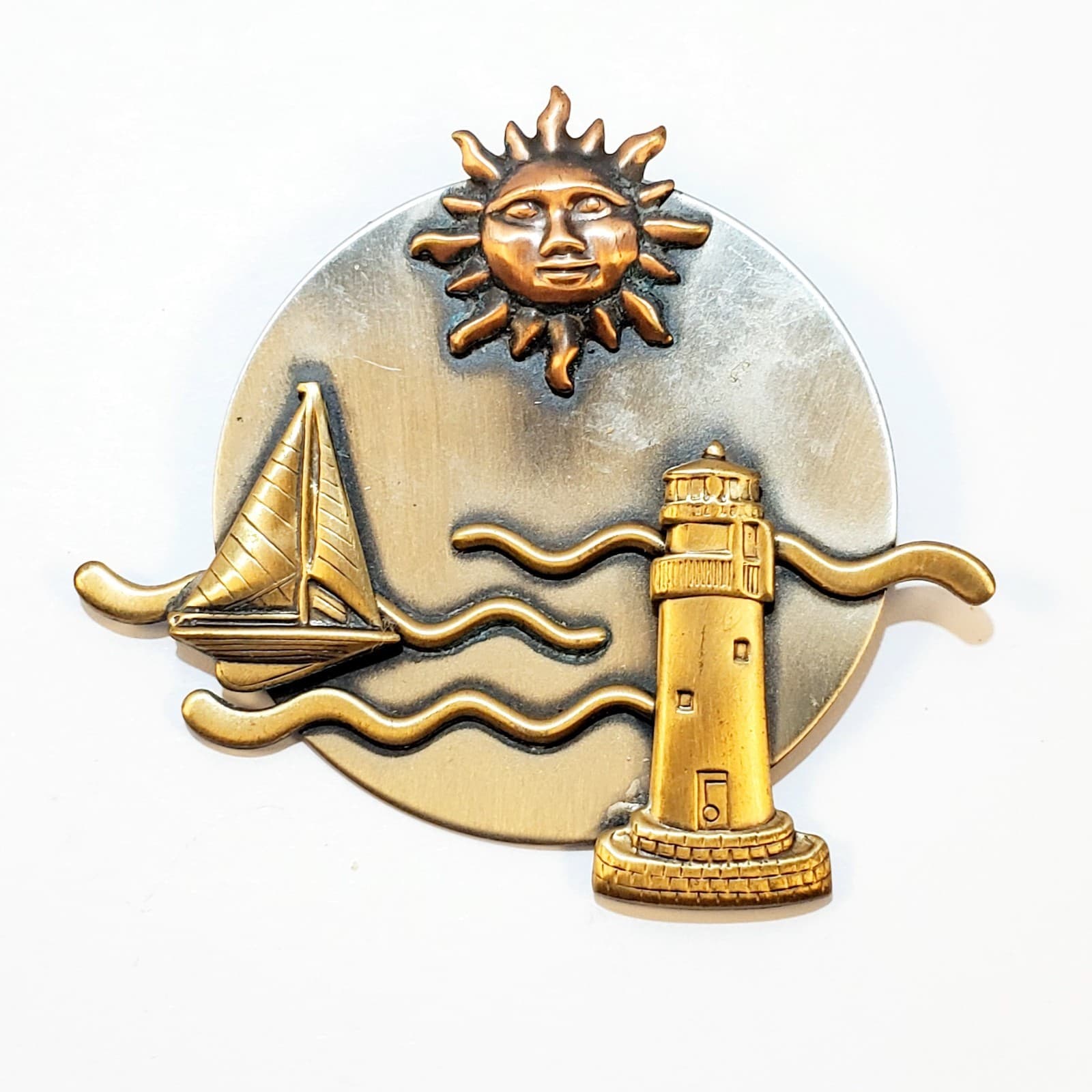 Vtg Signed K&T Mixed Metals Sailboat, Sun & Lighthouse Ocean Nautical Brooch Pin
