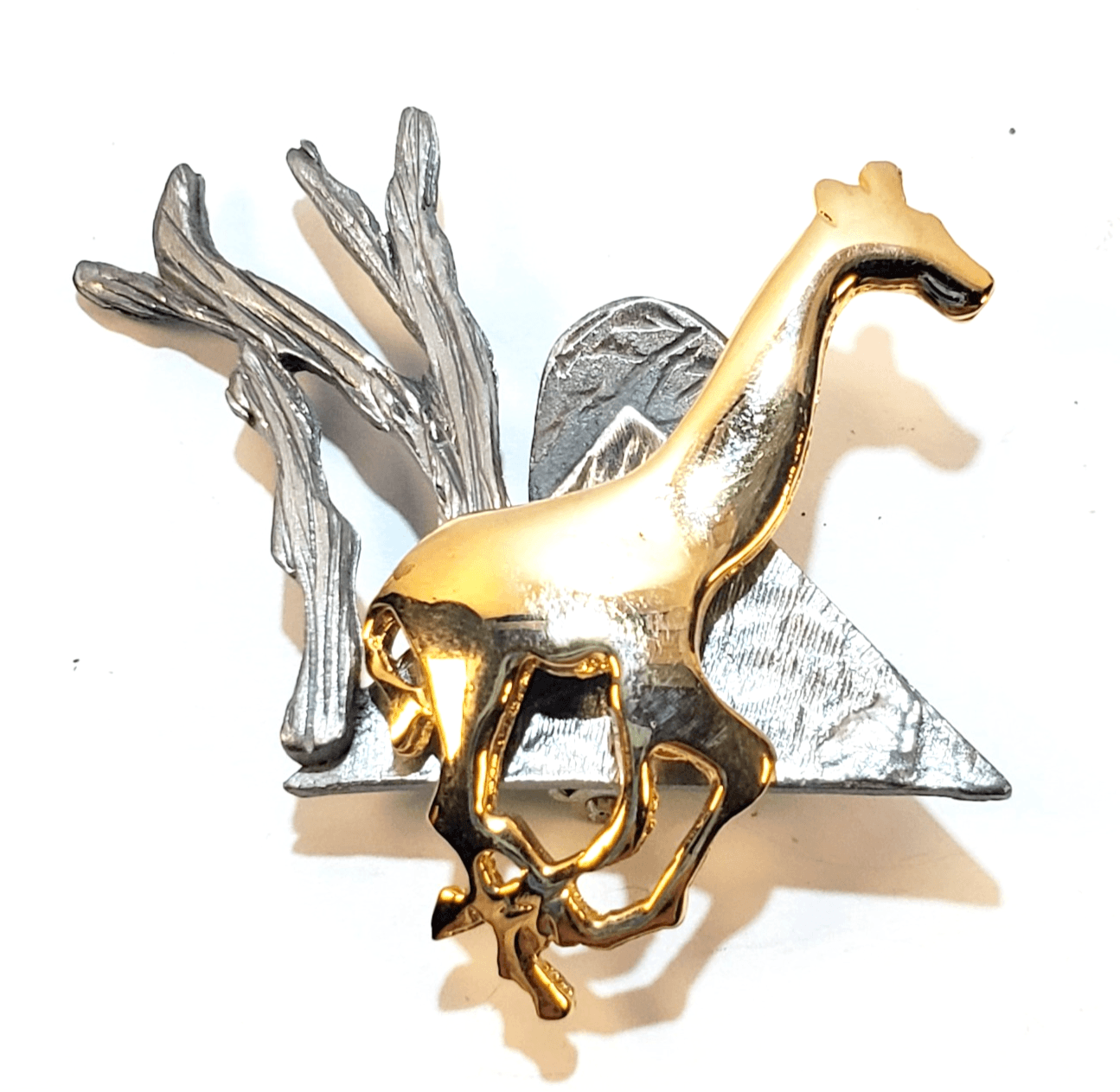 Vintage Ultra Craft Gold & Pewter Tone Metal Running Giraffe Scene Brooch Pin