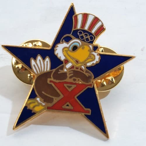 Vintage 1984 Sam the Eagle Decathlon Los Angeles Olympic Star Tack Lapel Cap Pin