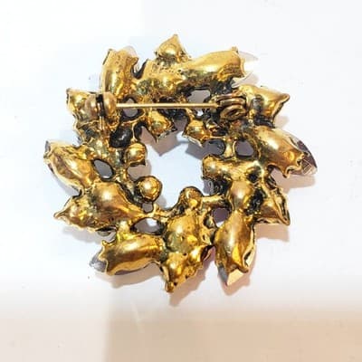 Gold Tone and Multicolor Rhinestones Flower Wreath Brooch Pin 1.5 Inch - Thumbnail 2