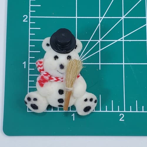 Vtg Taiwan Flocked White Black Red Bear w/ Top Hat & Broom Christmas Tack Pin - Thumbnail 3