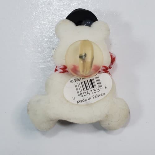 Vtg Taiwan Flocked White Black Red Bear w/ Top Hat & Broom Christmas Tack Pin - Thumbnail 2