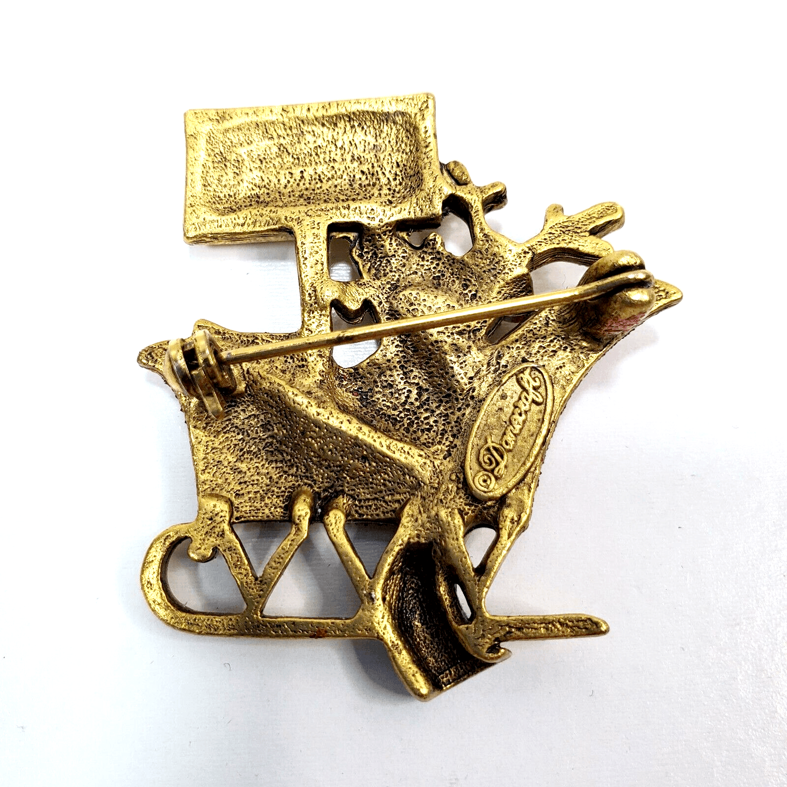Vtg Danecraft Gold Tone Metal Enamel Reindeer on Strike Christmas Brooch Pin - Thumbnail 2