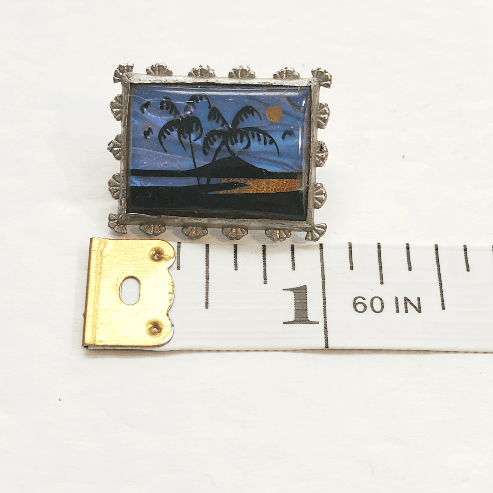Vtg Butterfly Wing Silver Tone Postage Stamp Shaped Pin Beach Palm Trees Scene - Thumbnail 4