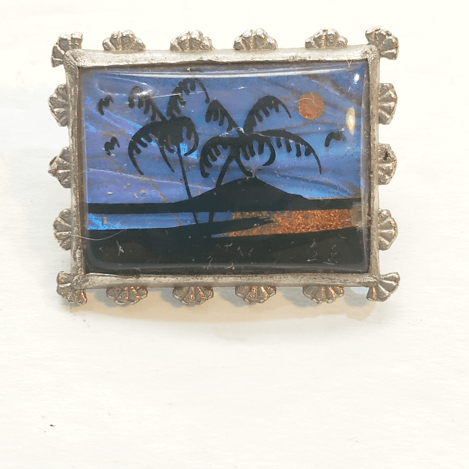 Vtg Butterfly Wing Silver Tone Postage Stamp Shaped Pin Beach Palm Trees Scene