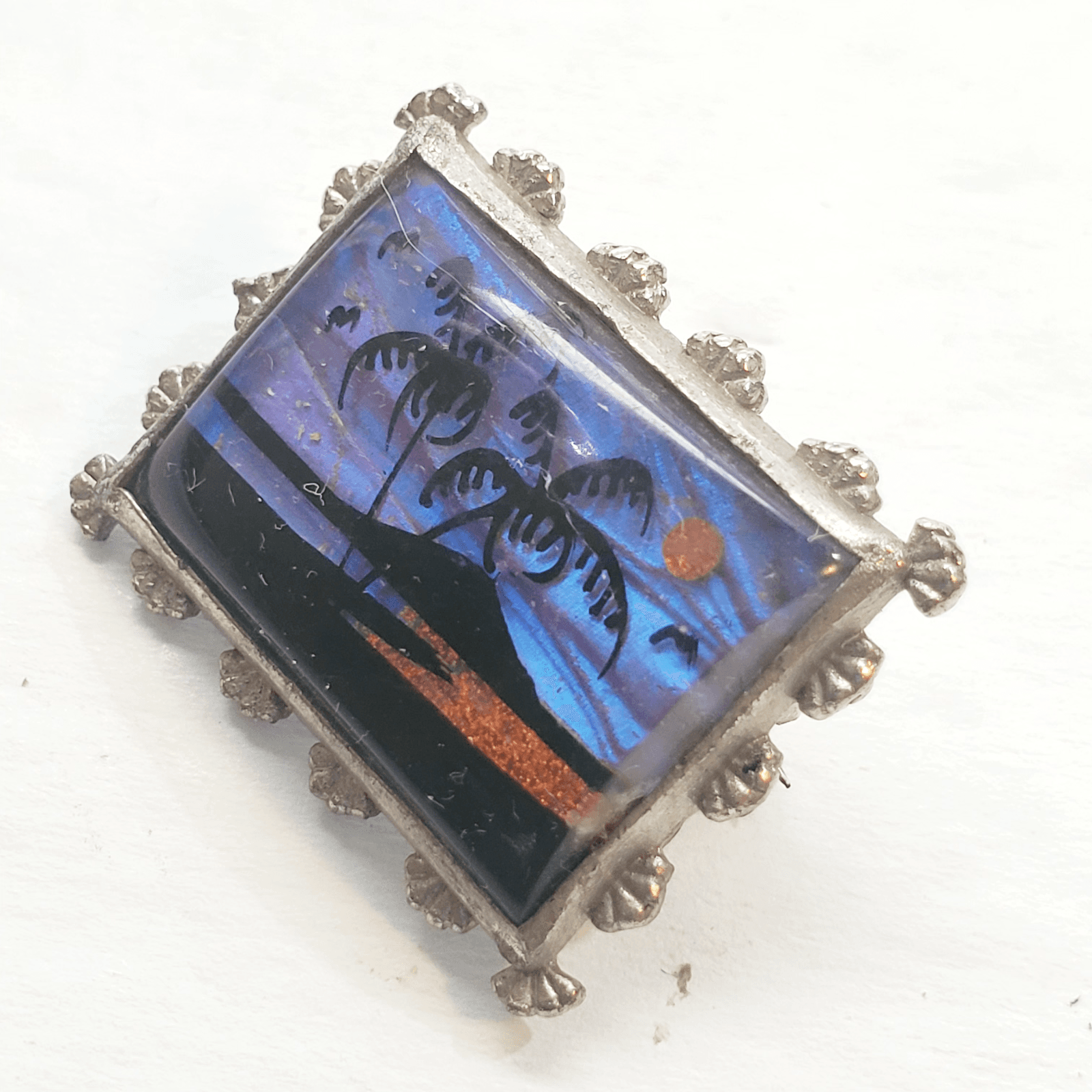 Vtg Butterfly Wing Silver Tone Postage Stamp Shaped Pin Beach Palm Trees Scene - Thumbnail 3