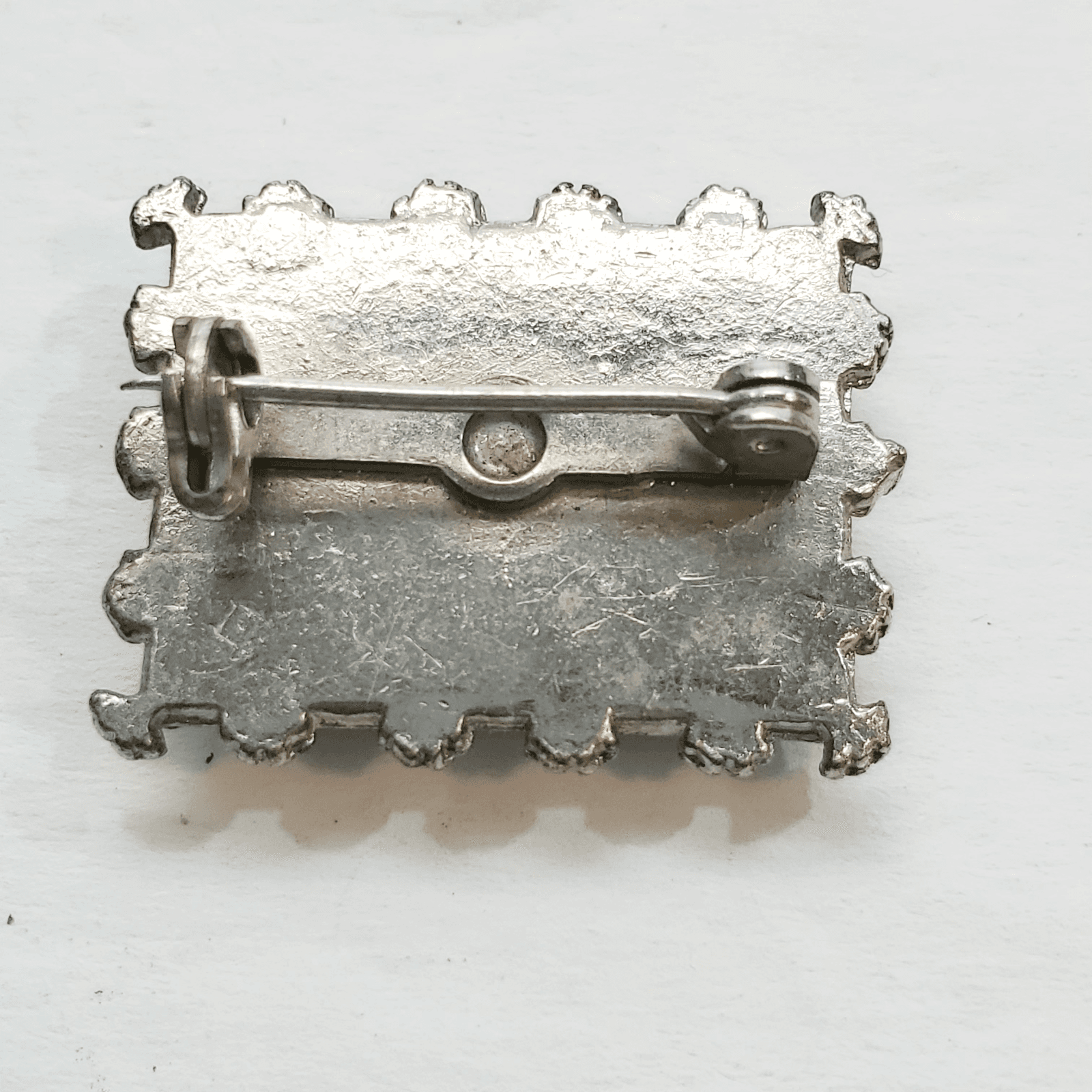 Vtg Butterfly Wing Silver Tone Postage Stamp Shaped Pin Beach Palm Trees Scene - Thumbnail 2