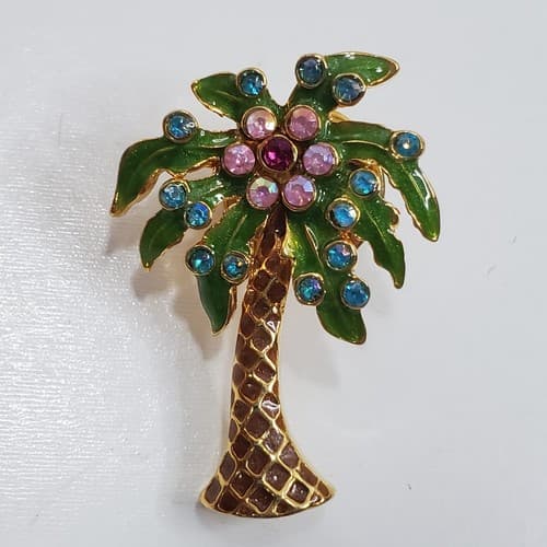 Vtg Signed NR Green Brown Enamel Palm Tree w multicolor Rhinestones Lapel Pin