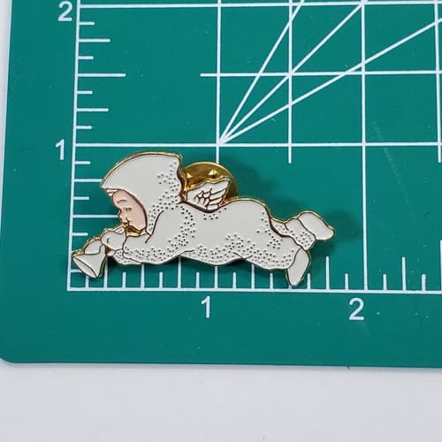Vintage 1993 Gold Tone Metal White Enamel Snowbabies Angel Christmas Tack Pin - Thumbnail 3