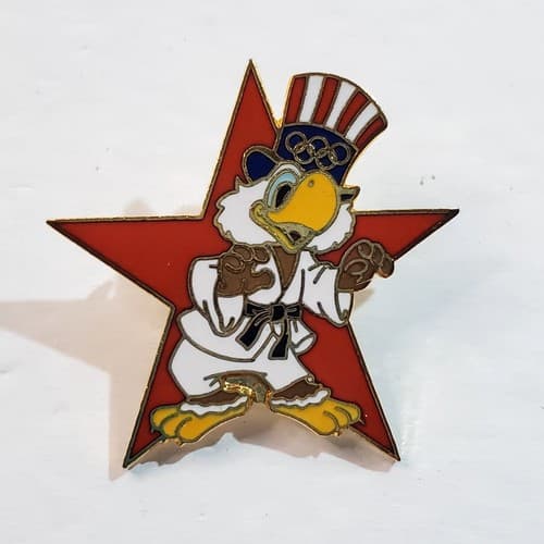 Vtg 1984 Sam the Eagle Judo Martial Arts Los Angeles Olympic Star Lapel Cap Pin