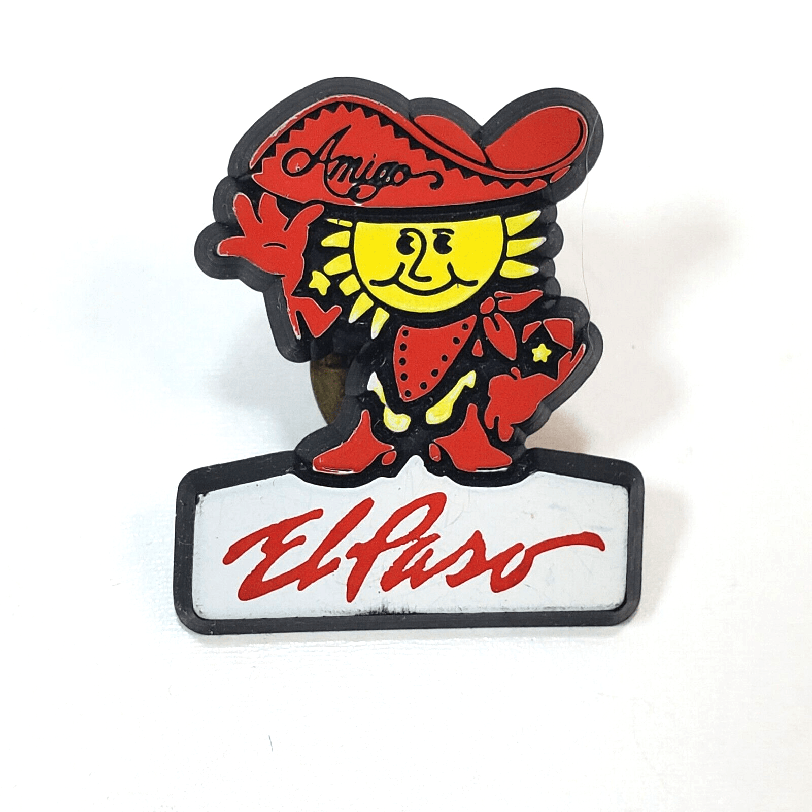 Vintage El Paso Texas Plastic Amigo Character Souvenir Pin Sombrero Travel