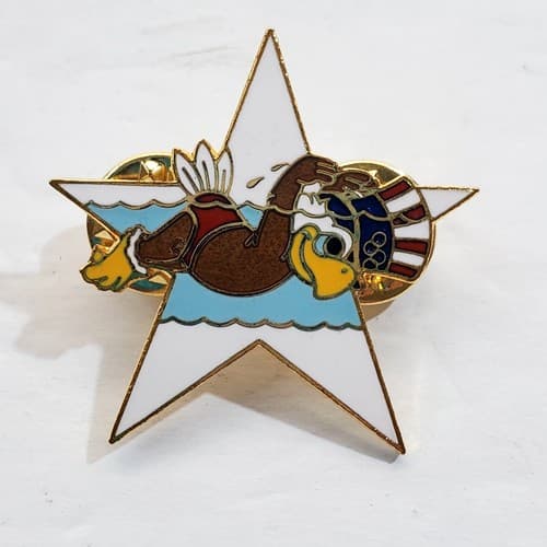 Vtg 1984 Sam the Eagle Swimming Butterfly Los Angeles Olympic Star Lapel Cap Pin