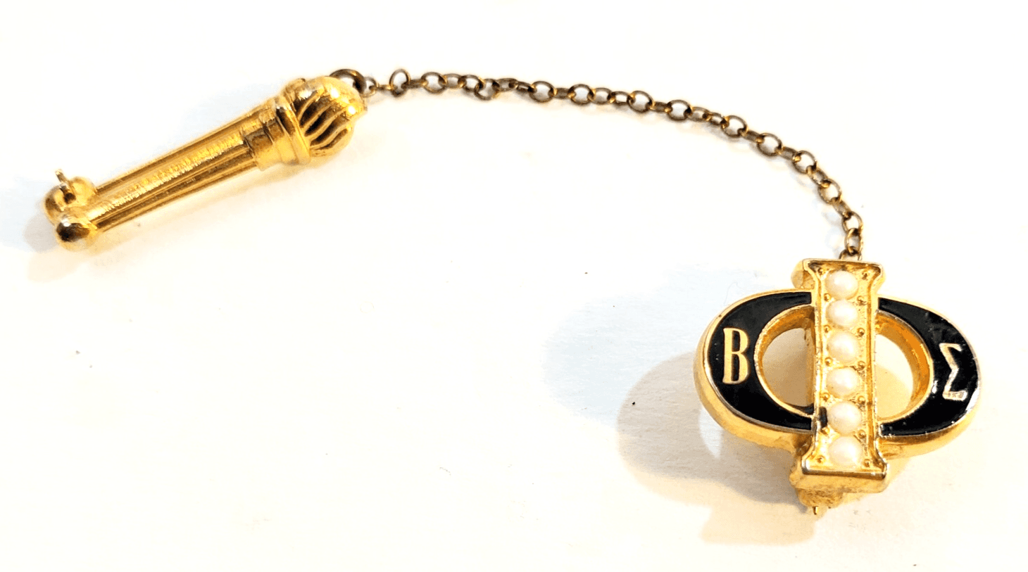 Vintage Phi Beta Epsilon Sorority Fraternity Gold Tone Faux Pearl Lapel Pin