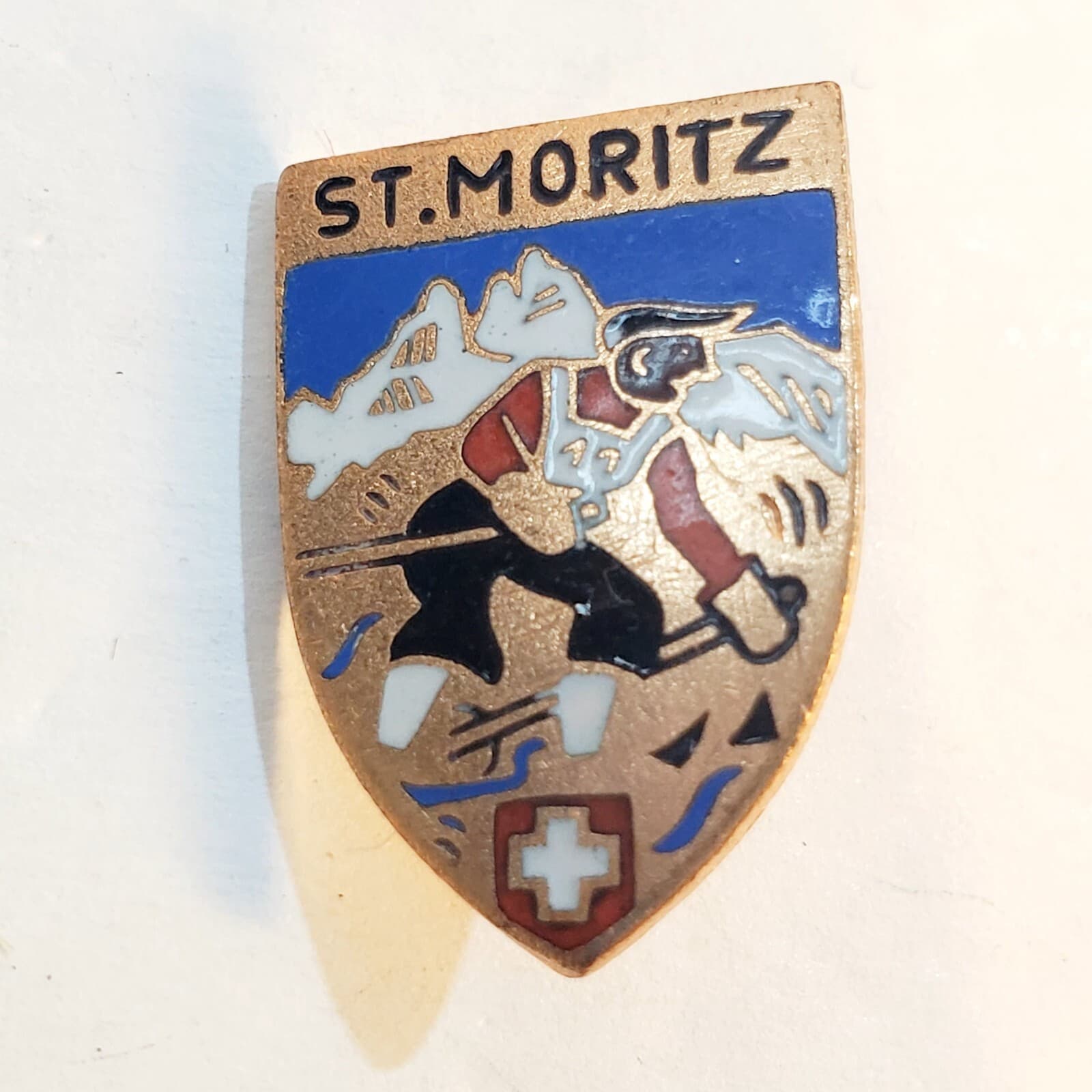 Vintage St. Moritz Ski Resort Switzerland Gold Tone and Enamel Lapel Cap Pin