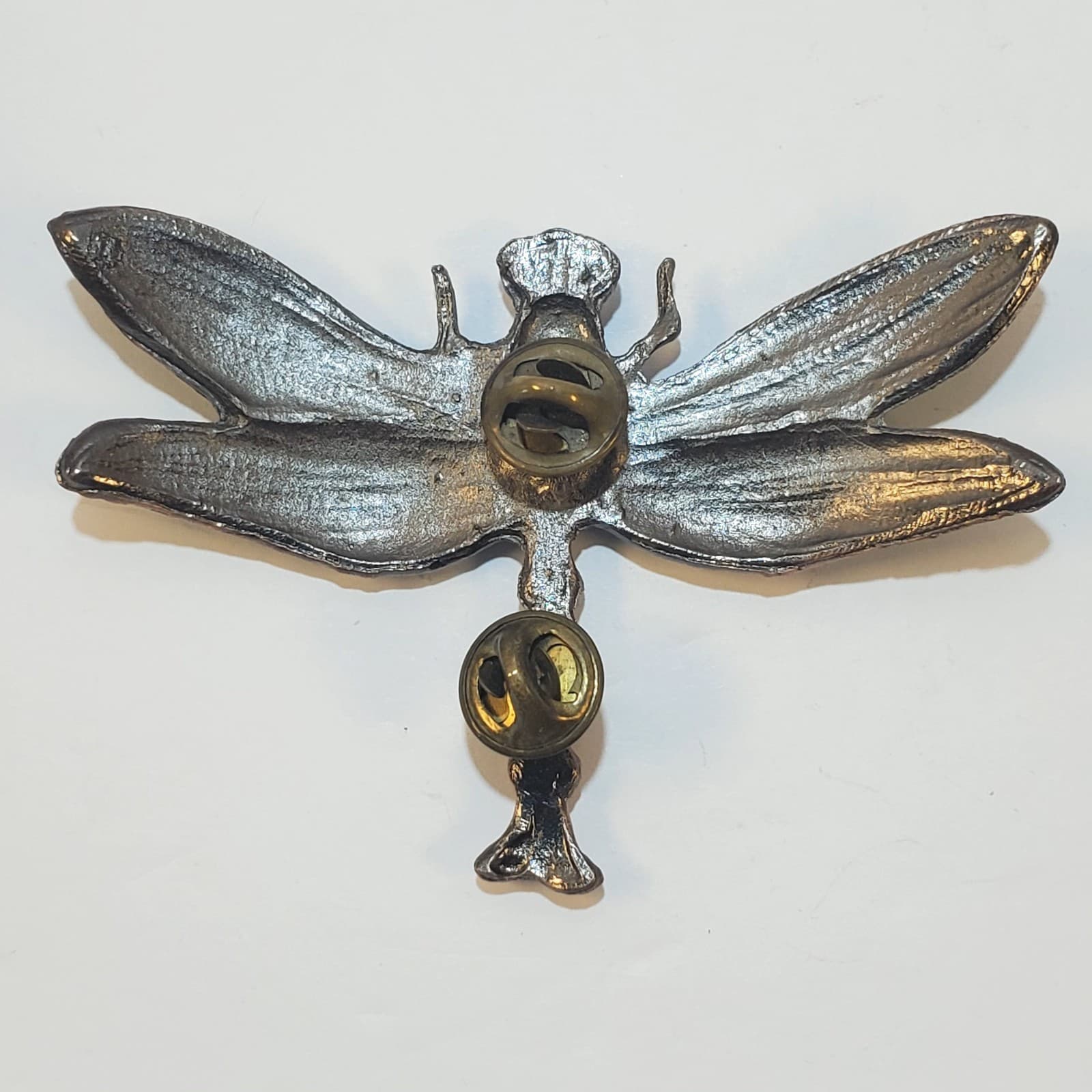 Vtg Large Bronze Tone Metal Green Enamel Rhinestone Dragonfly Double Tack Pin - Thumbnail 3