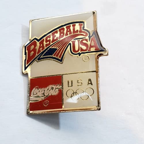 Vintage Gold Tone Metal Enamel Resin Coca Cola Baseball USA Olympics Lapel Pin
