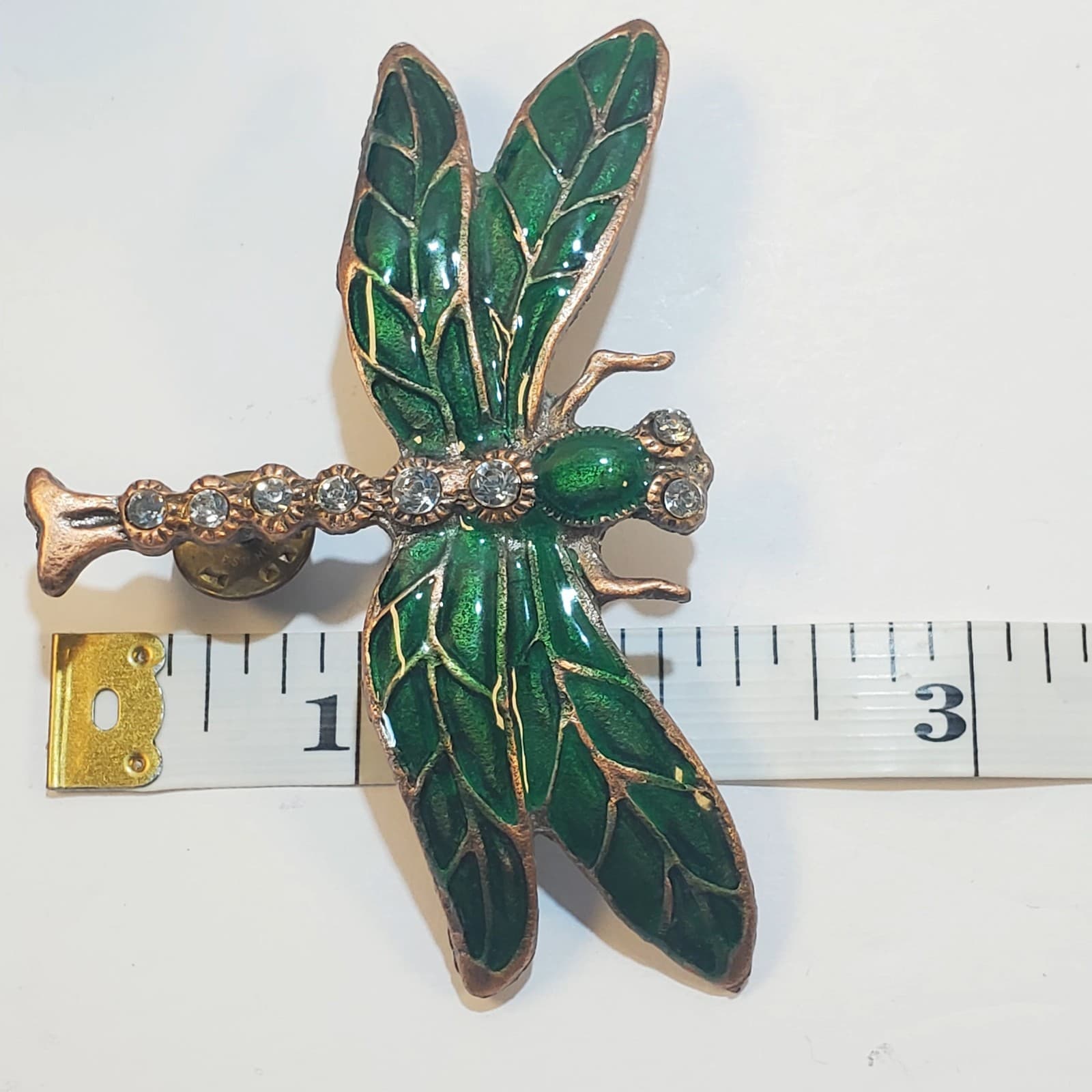 Vtg Large Bronze Tone Metal Green Enamel Rhinestone Dragonfly Double Tack Pin - Thumbnail 5