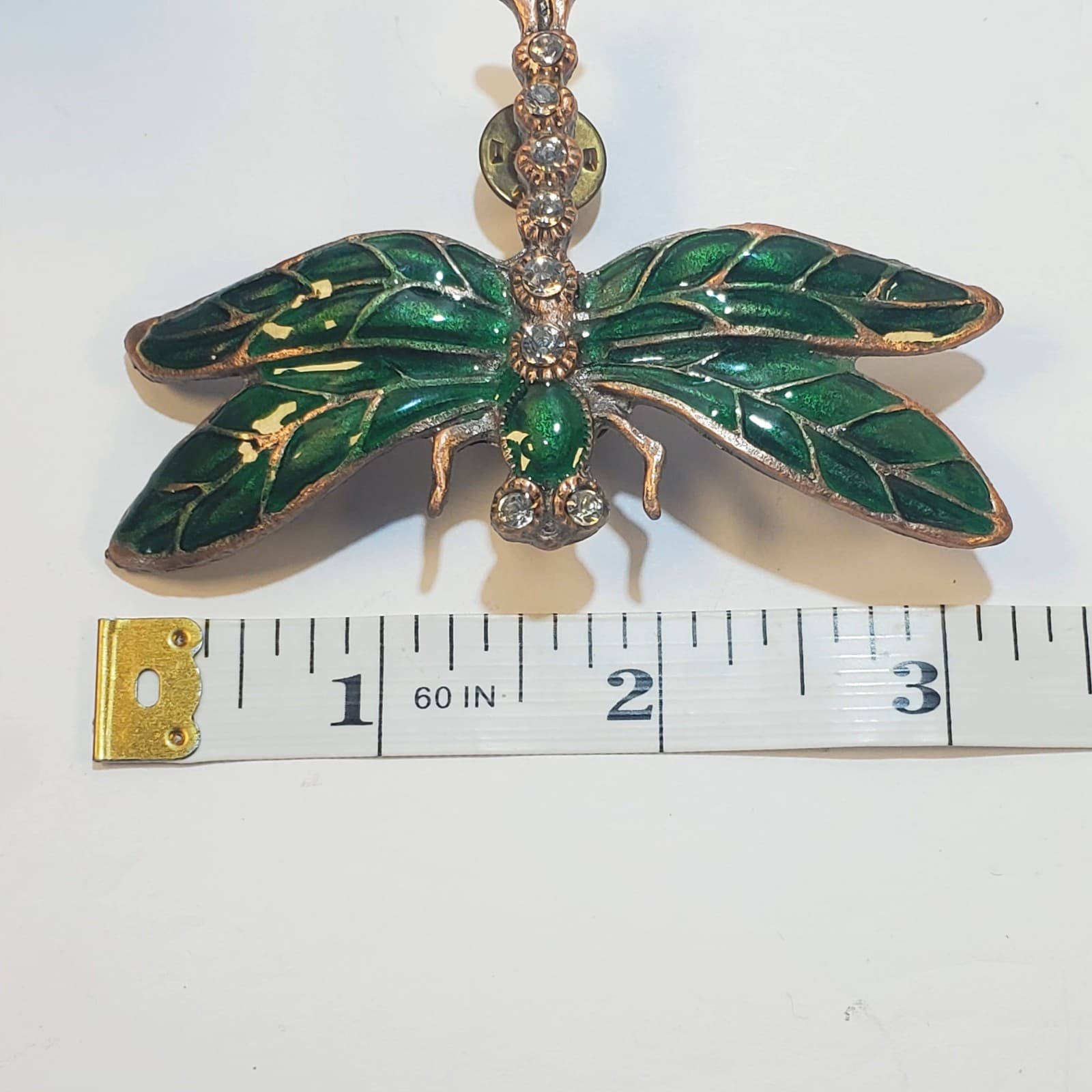 Vtg Large Bronze Tone Metal Green Enamel Rhinestone Dragonfly Double Tack Pin - Thumbnail 4