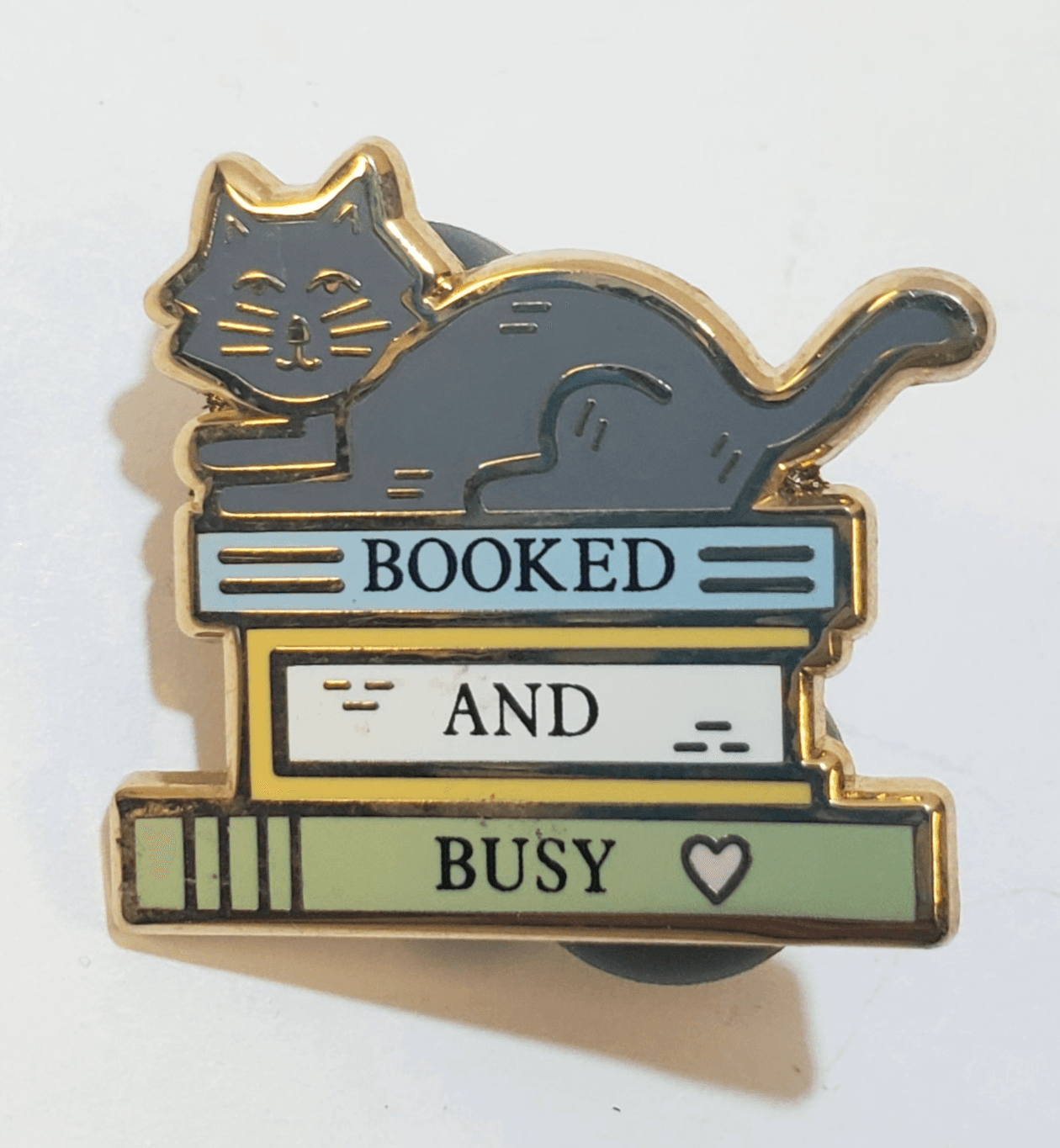 Gold Tone and Enamel Booked And Busy Cat Laying on Books Tack Lapel Cap Pin